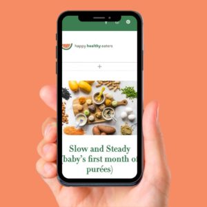 A hand holding an iphone showing the Slow and Steady, baby's first month of purees course image